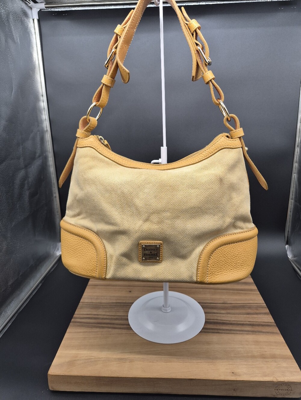 Dooney & Bourke Yellow Canvas & Leather Bag w/key Fob, Adjustable Strap 12.5×8×6